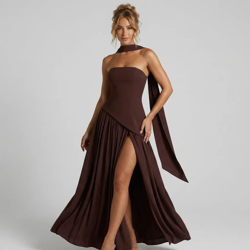 Formal Asymmetrical Strapless Dress with Slit Brown 8