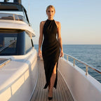 Formal Halter Neck Low Back Dress with Slit Black 1