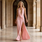 Formal Halter Neck Low Back Dress with Slit Pink 2