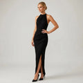 Formal Halter Neck Low Back Dress with Slit Black 2