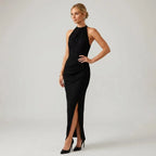 Formal Halter Neck Low Back Dress with Slit Black 2