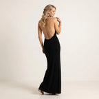 Formal Halter Neck Low Back Dress with Slit Black 3