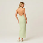 Formal Halter Neck Low Back Dress with Slit Green 3