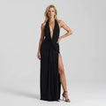 Formal Halter Neck Low Back Dress with Slit Black 6