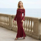 Formal Off-the-Shoulder Lace Maxi Dress Red 1
