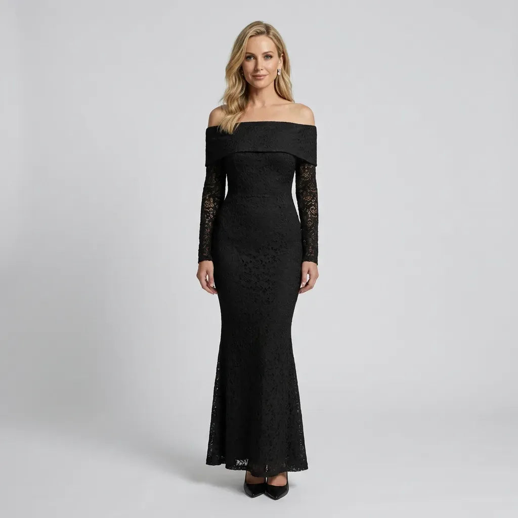 Formal Off-the-Shoulder Lace Maxi Dress Black 3