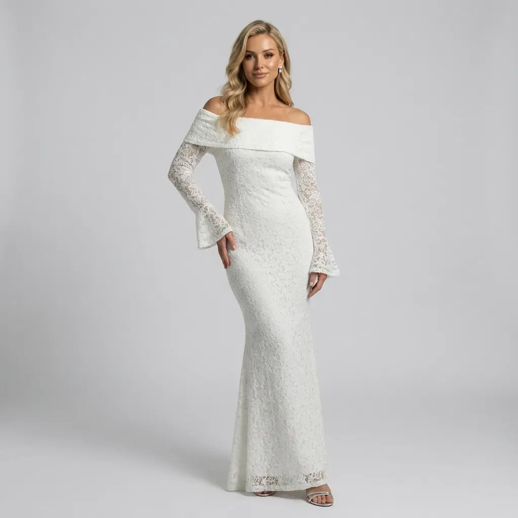 Formal Off-the-Shoulder Lace Maxi Dress White 4