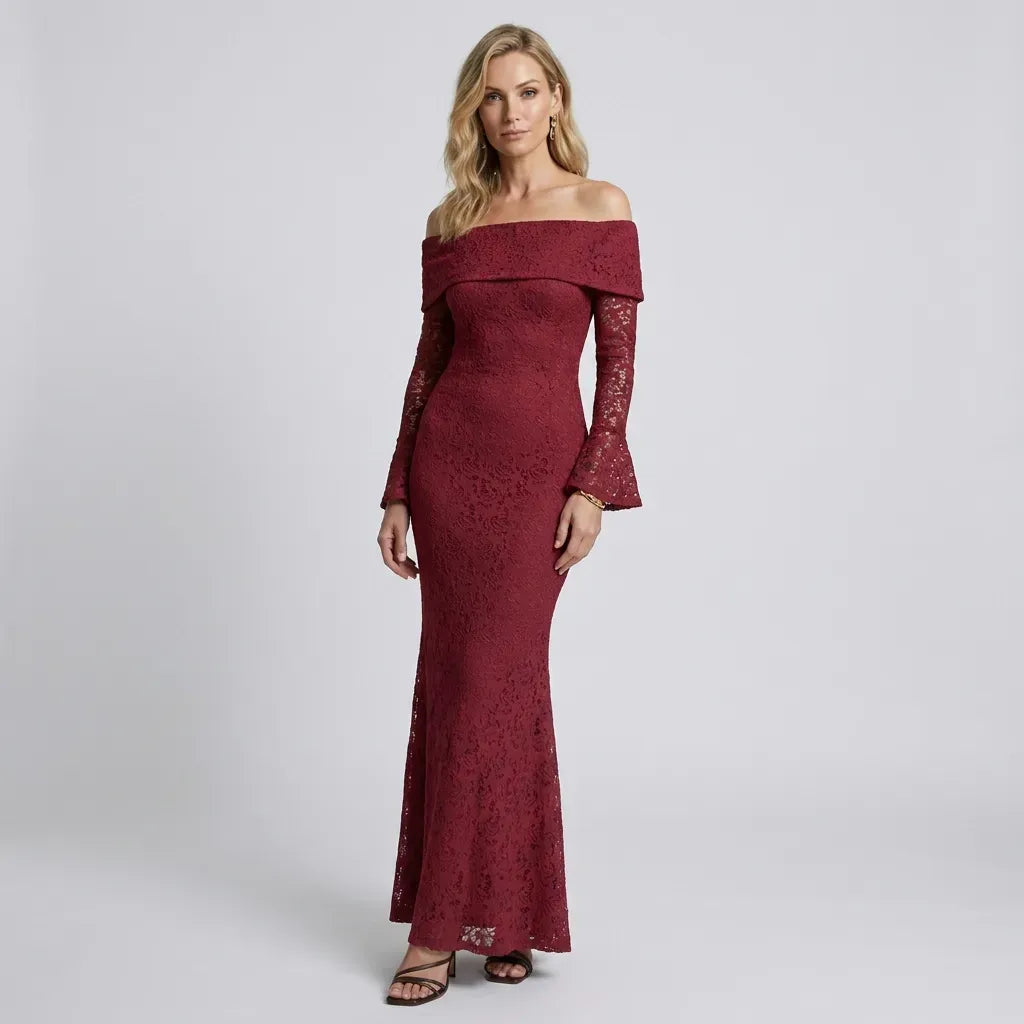 Formal Off-the-Shoulder Lace Maxi Dress Red 5