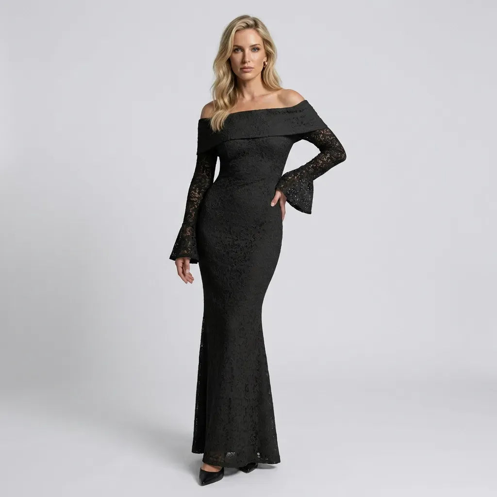 Formal Off-the-Shoulder Lace Maxi Dress Black 6