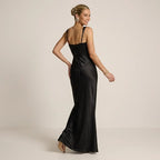 Formal Satin Wedding Guest Dress with Corset Detail Black 1