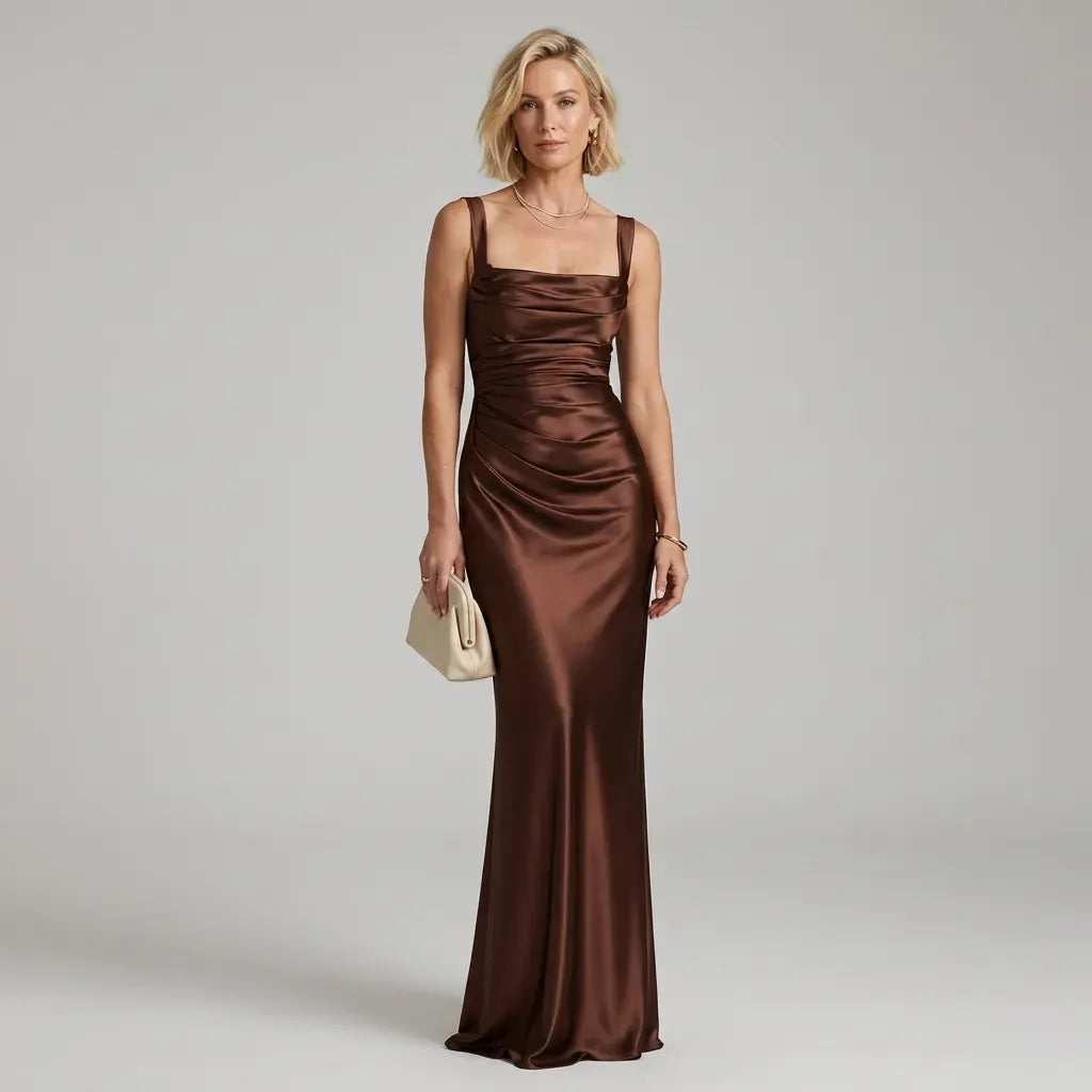Formal Satin Wedding Guest Dress with Corset Detail Brown 4