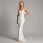 Formal Satin Wedding Guest Dress with Corset Detail White 5