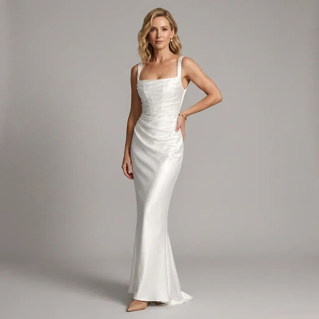 Formal Satin Wedding Guest Dress with Corset Detail White 5