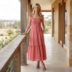 Gingham Maxi Smock Dress with Ruffles Red 1
