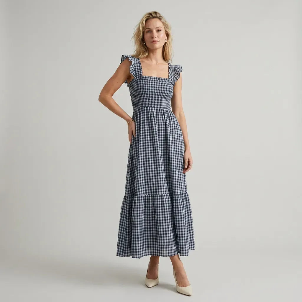 Gingham Maxi Smock Dress with Ruffles Black 2
