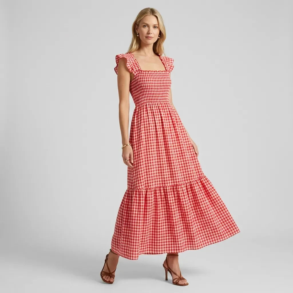Gingham Maxi Smock Dress with Ruffles Red 3