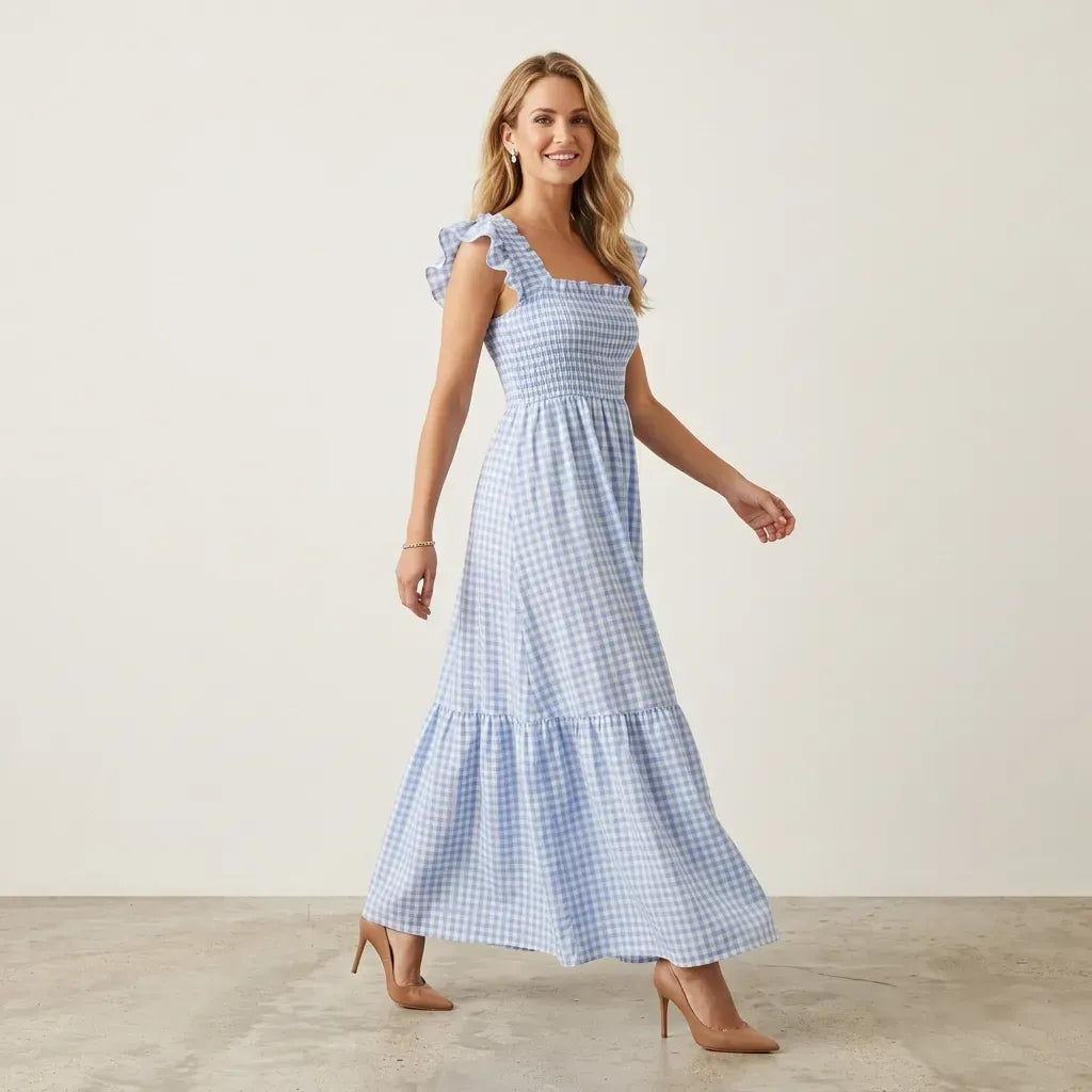 Gingham Maxi Smock Dress with Ruffles Blue 4