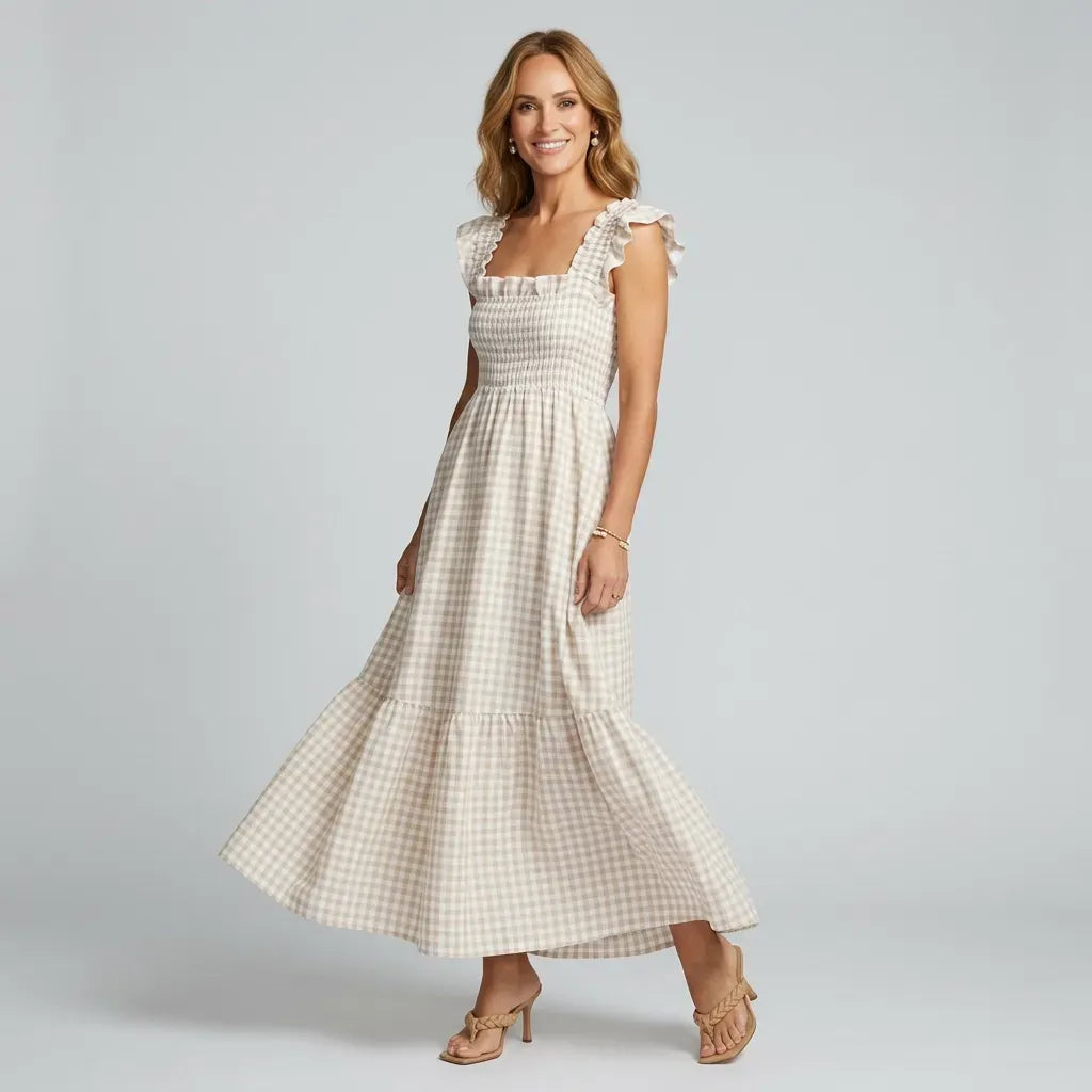 Gingham Maxi Smock Dress with Ruffles Beige 5