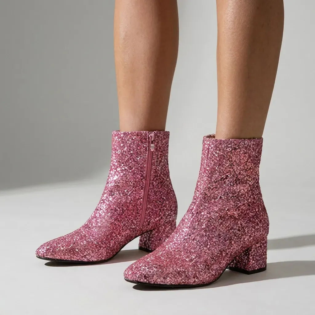 Glitter Pointed Toe Block Heels Pink 3