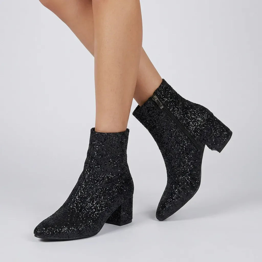 Glitter Pointed Toe Block Heels Black 5