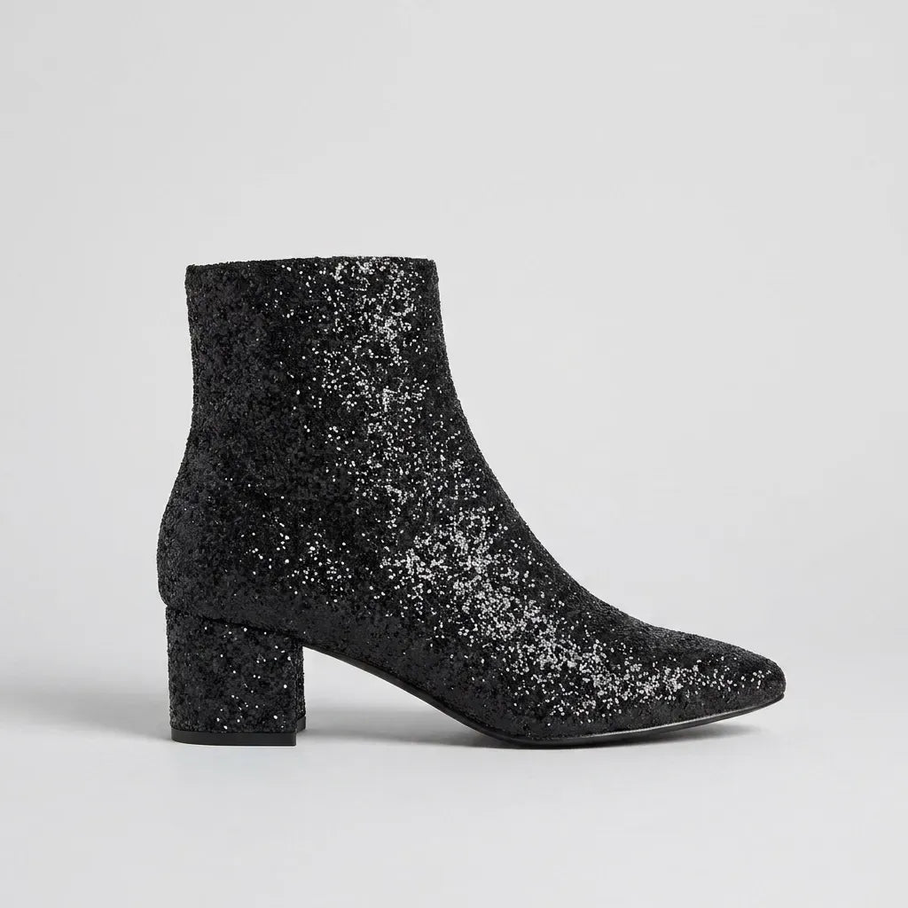 Glitter Pointed Toe Block Heels Black 6