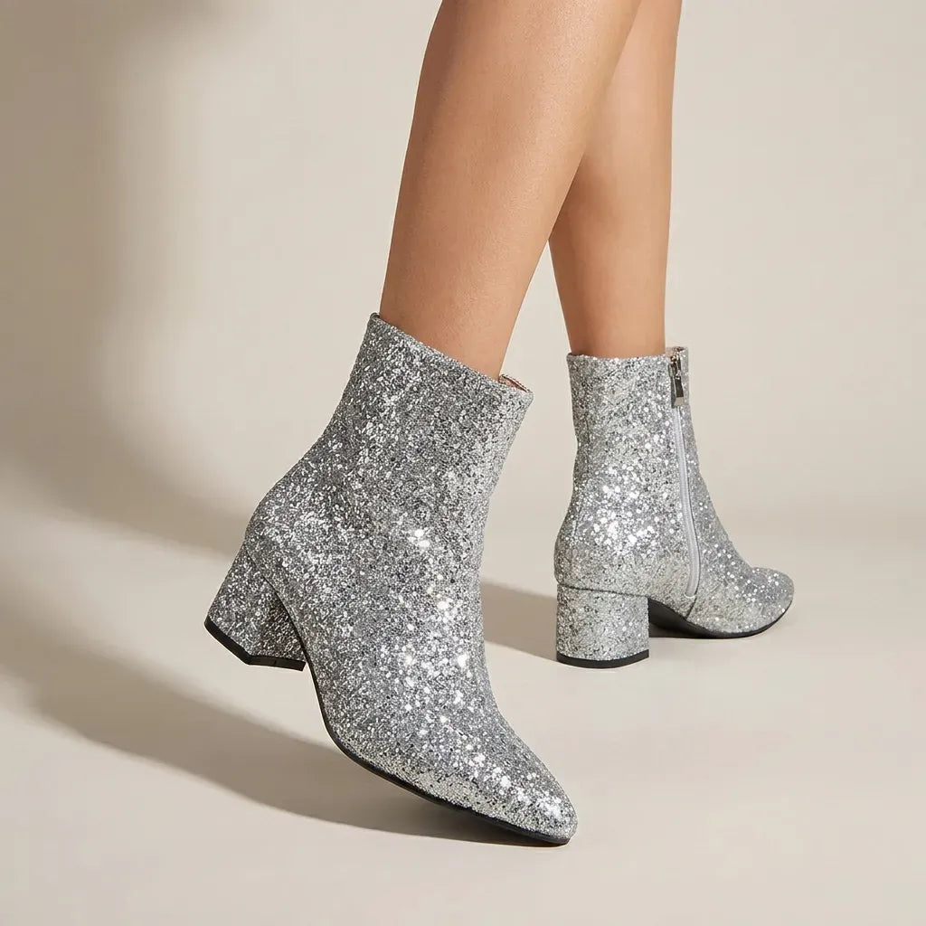 Glitter Pointed Toe Block Heels Silver 7