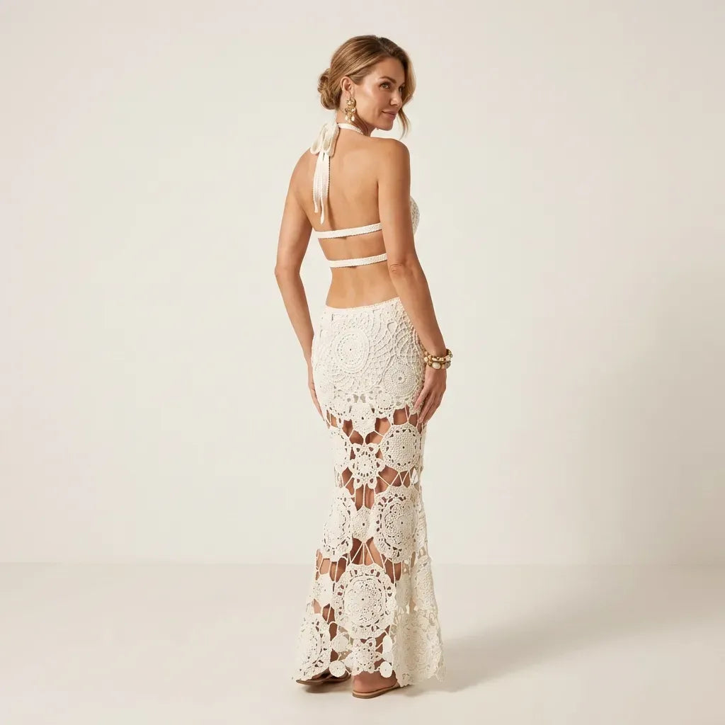 Halter Neck Crochet Dress Resort Wear White 3