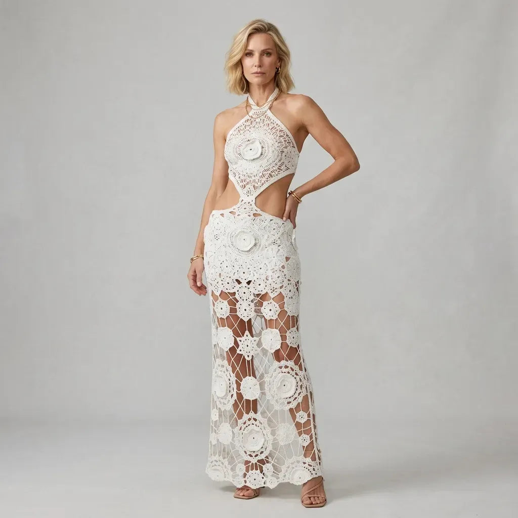 Halter Neck Crochet Dress Resort Wear White 5