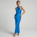 Halter Neck Draped Satin Maxi Dress Navy 3