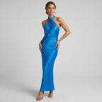 Halter Neck Draped Satin Maxi Dress Navy 3