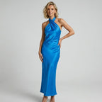 Halter Neck Draped Satin Maxi Dress Navy 5