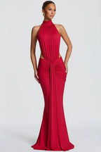 Halter Neck Wedding Guest Dress with Cut Out Detail Red 1