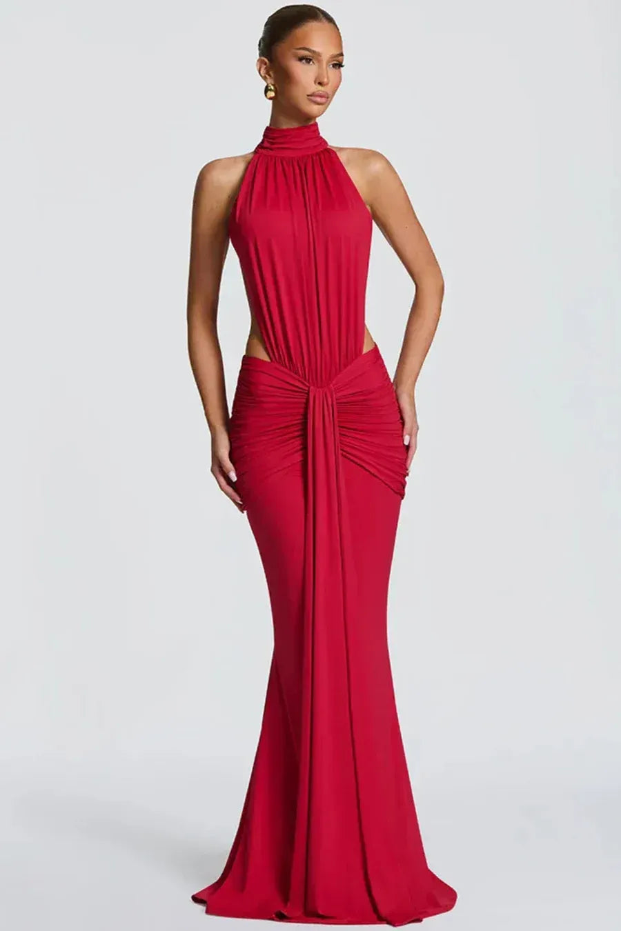 Halter Neck Wedding Guest Dress with Cut Out Detail Red 1