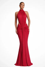 Halter Neck Wedding Guest Dress with Cut Out Detail Red 2