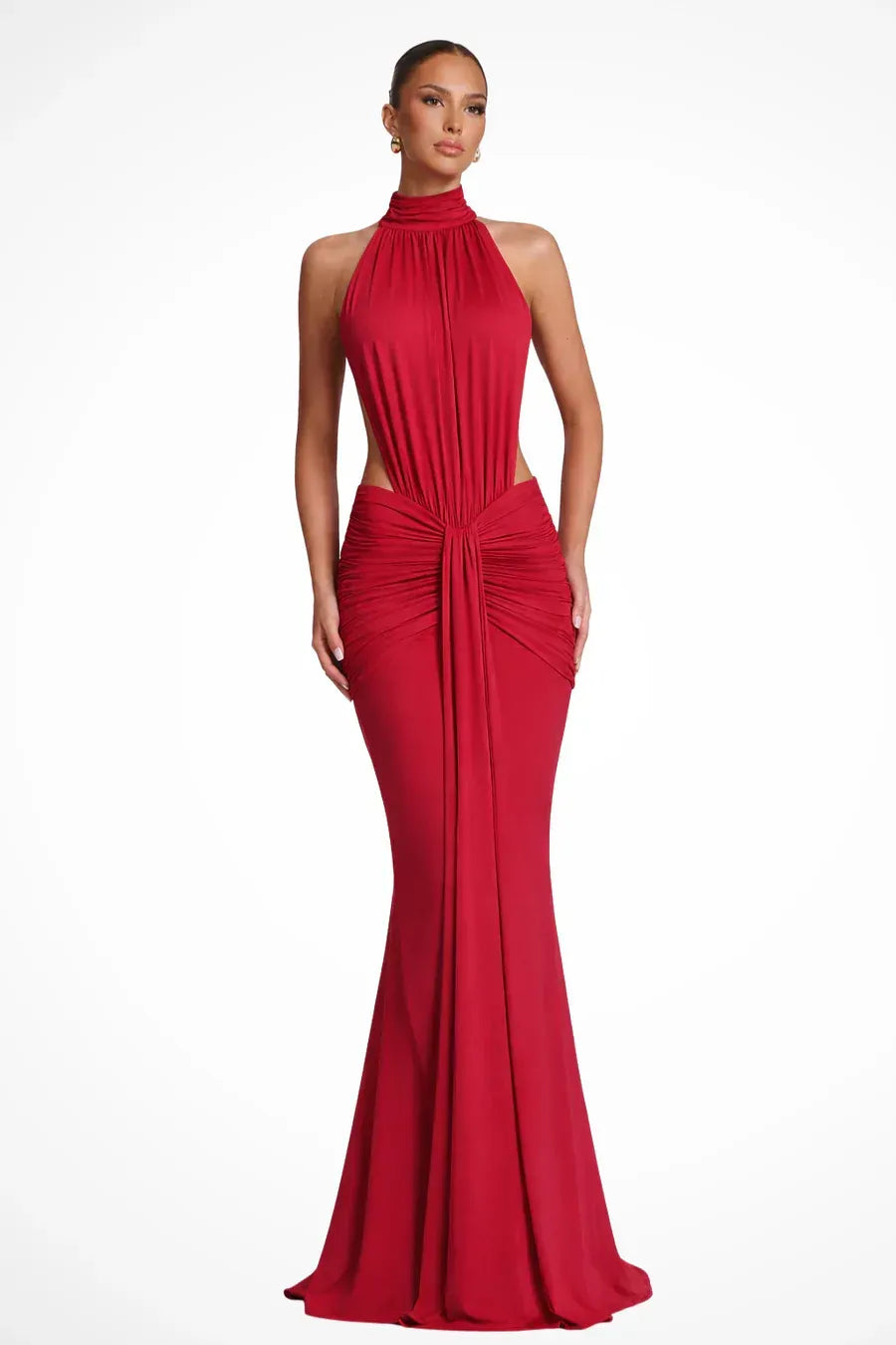 Halter Neck Wedding Guest Dress with Cut Out Detail Red 2