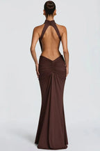 Halter Neck Wedding Guest Dress with Cut Out Detail Brown 4
