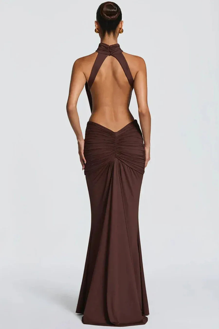 Halter Neck Wedding Guest Dress with Cut Out Detail Brown 4