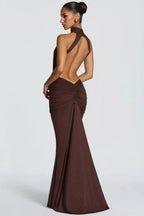 Halter Neck Wedding Guest Dress with Cut Out Detail Brown 5