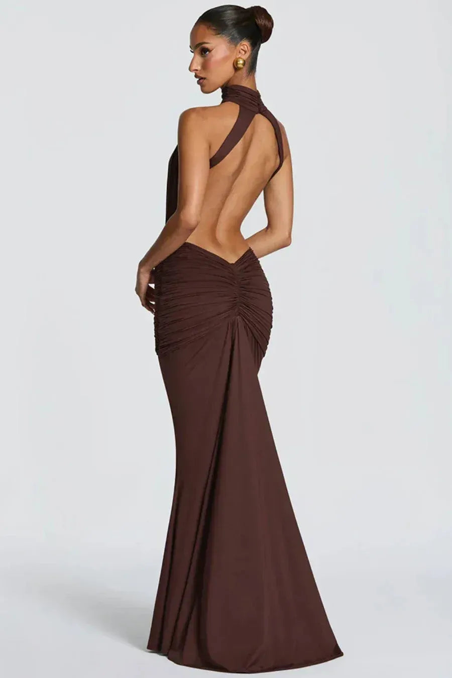 Halter Neck Wedding Guest Dress with Cut Out Detail Brown 5