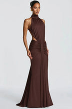 Halter Neck Wedding Guest Dress with Cut Out Detail Brown 6