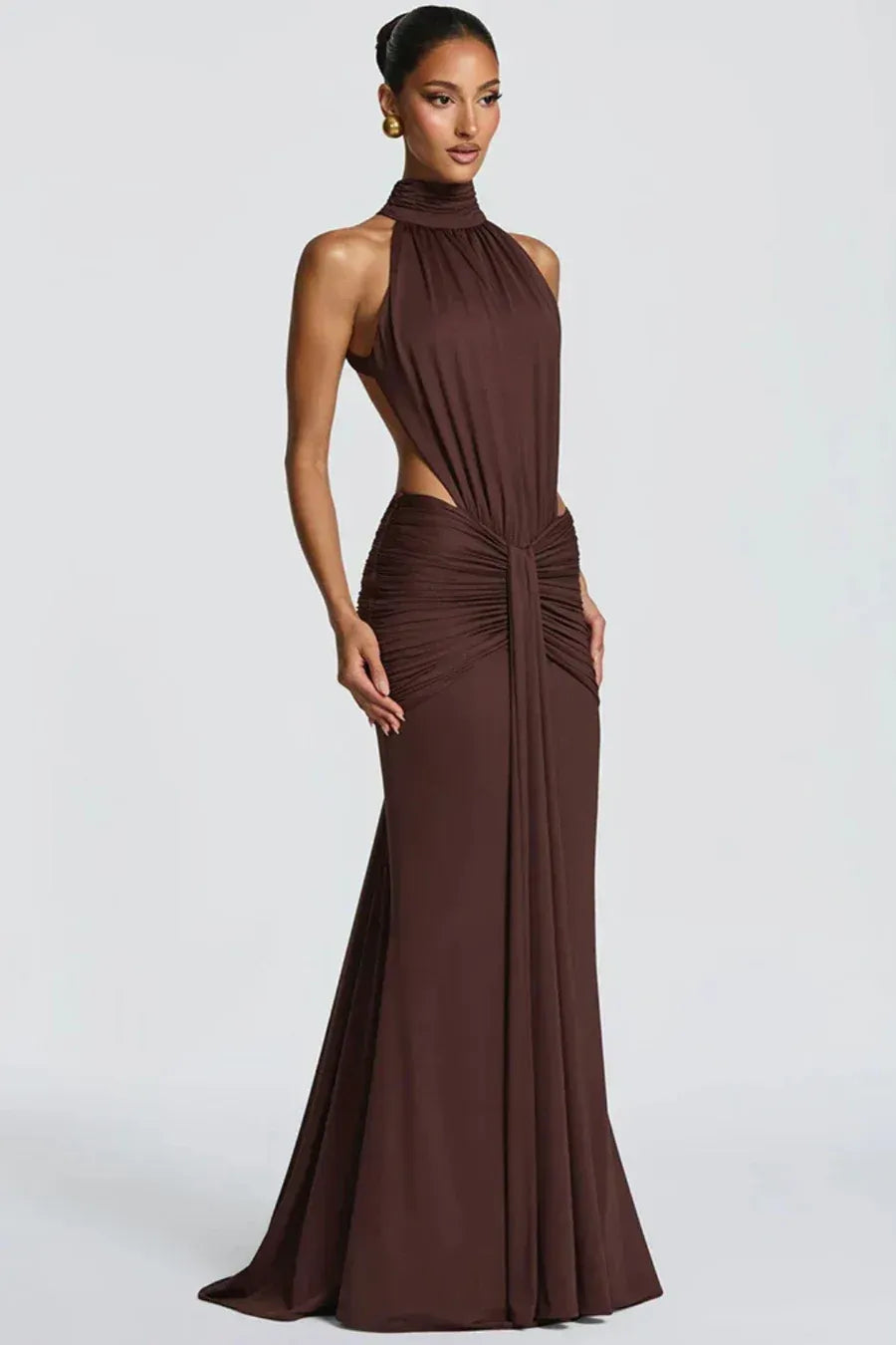Halter Neck Wedding Guest Dress with Cut Out Detail Brown 6