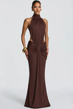 Halter Neck Wedding Guest Dress with Cut Out Detail Brown 7