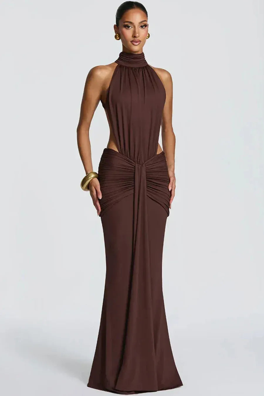 Halter Neck Wedding Guest Dress with Cut Out Detail Brown 7