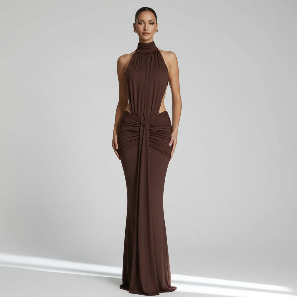 Halter Neck Wedding Guest Dress with Cut Out Detail Brown 8