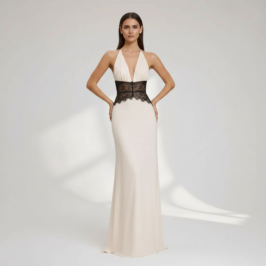 Halter Neck Wedding Guest Dress with Lace Detail White 1