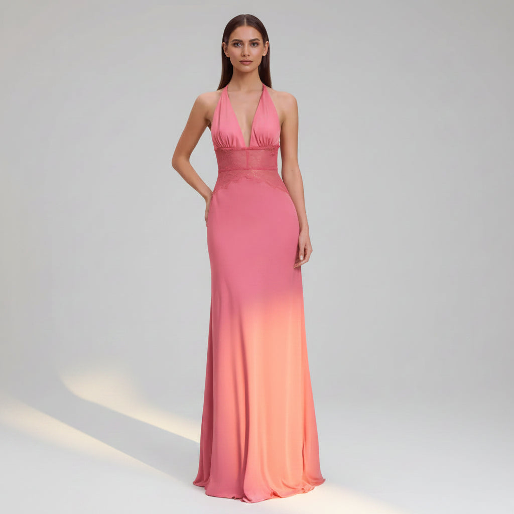 Halter Neck Wedding Guest Dress with Lace Detail Pink 2