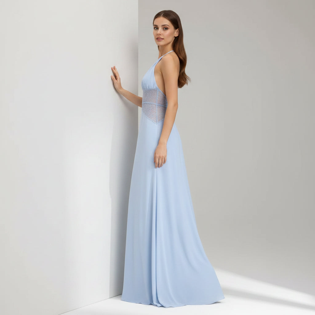 Halter Neck Wedding Guest Dress with Lace Detail Blue 3