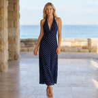 Halter Polka Dot Summer Maxi Dress Navy 1