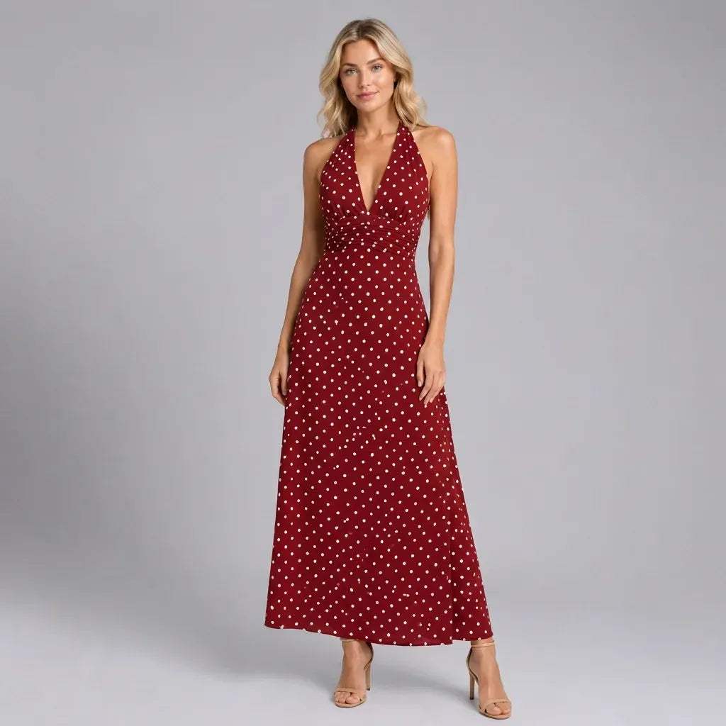 Halter Polka Dot Summer Maxi Dress Red 2