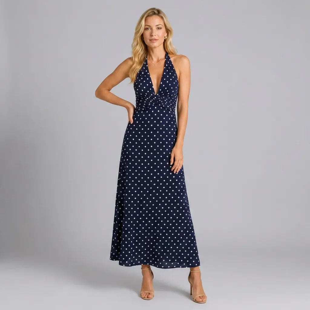Halter Polka Dot Summer Maxi Dress Navy 3
